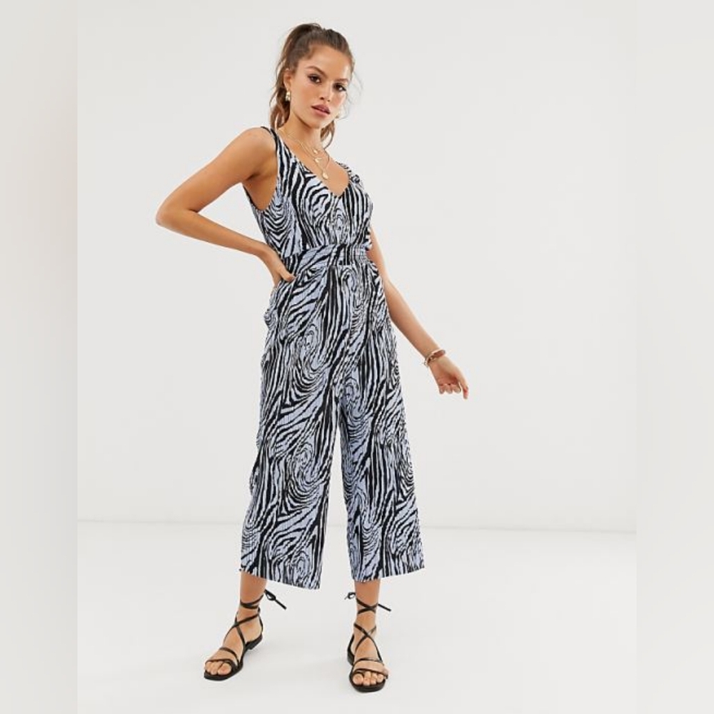 River Island Jumpsuit, Size 8, Light Blue & White Zebra print, Plisse ASOS